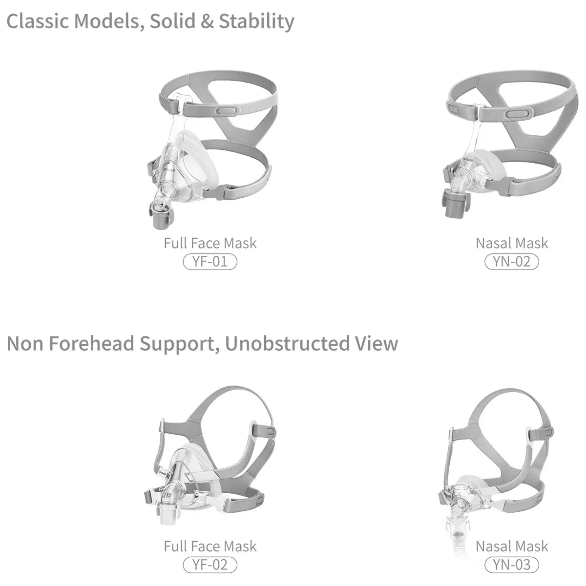 Four different CPAP masks on a white background with text describing features.

