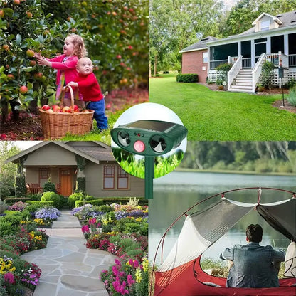 Collage of outdoor activities including children picking apples, a garden with a house, a lawn, a solar pest control device, a garden path with flowers, and people in a tent by a lake.

