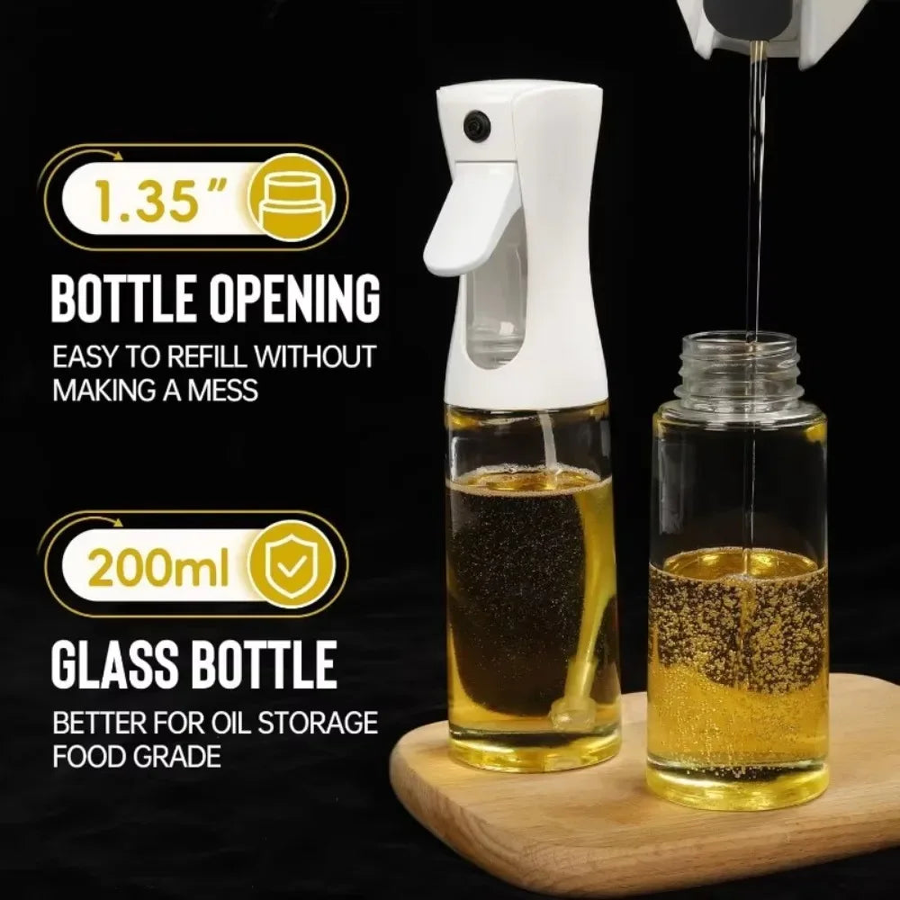 Glass bottle with oil being poured, featuring text on bottle opening and capacity.

