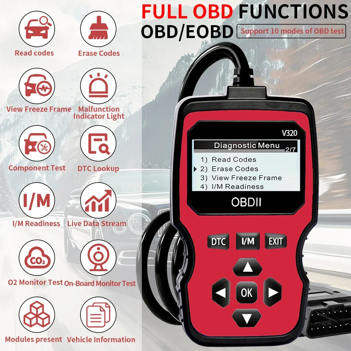 Red OBDII diagnostic scanner with features listed on a blurred road background

