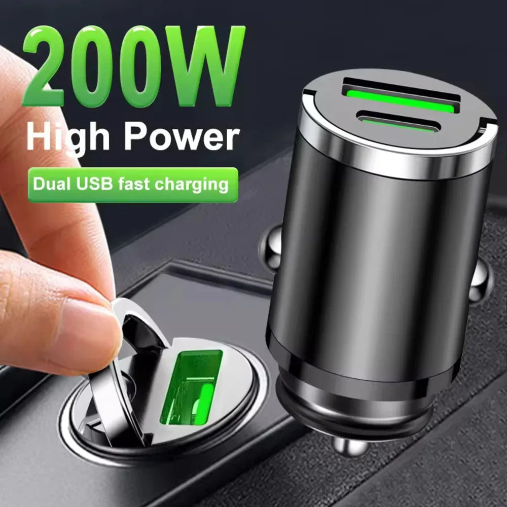 200W high power dual USB car charger with hand inserting it into a vehicle's cigarette lighter socket.

