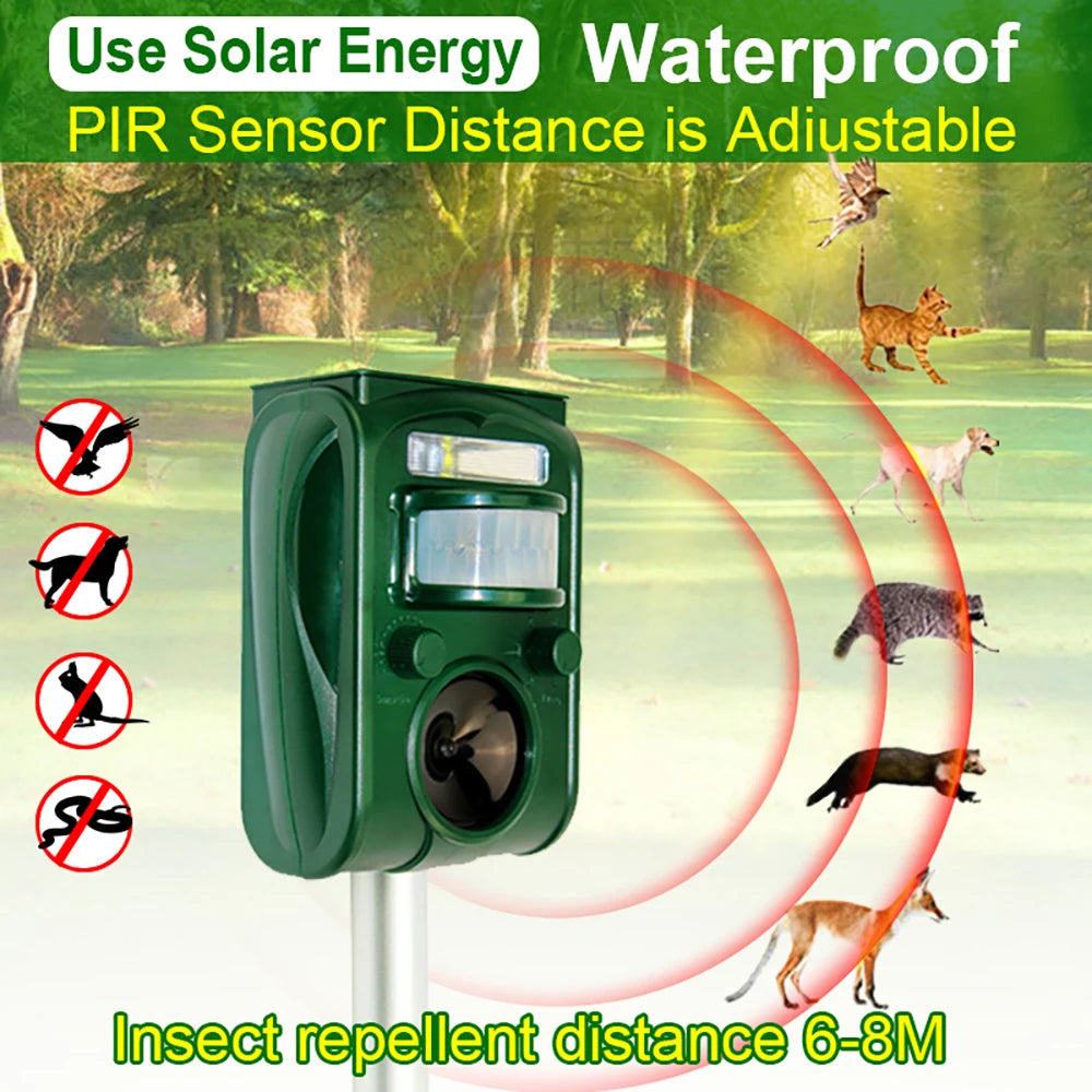Solar-powered pest repellent device with adjustable PIR sensor distance, shown outdoors.

