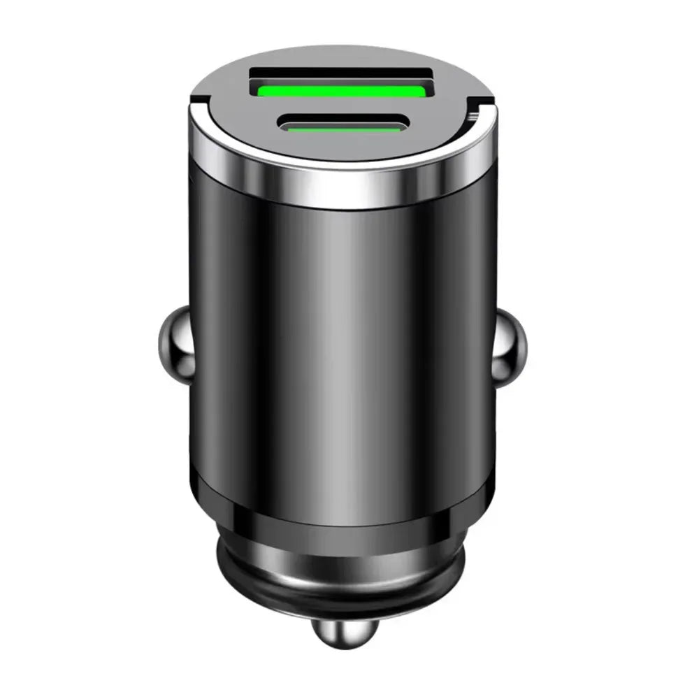 Car charger with a green indicator light on a white background


