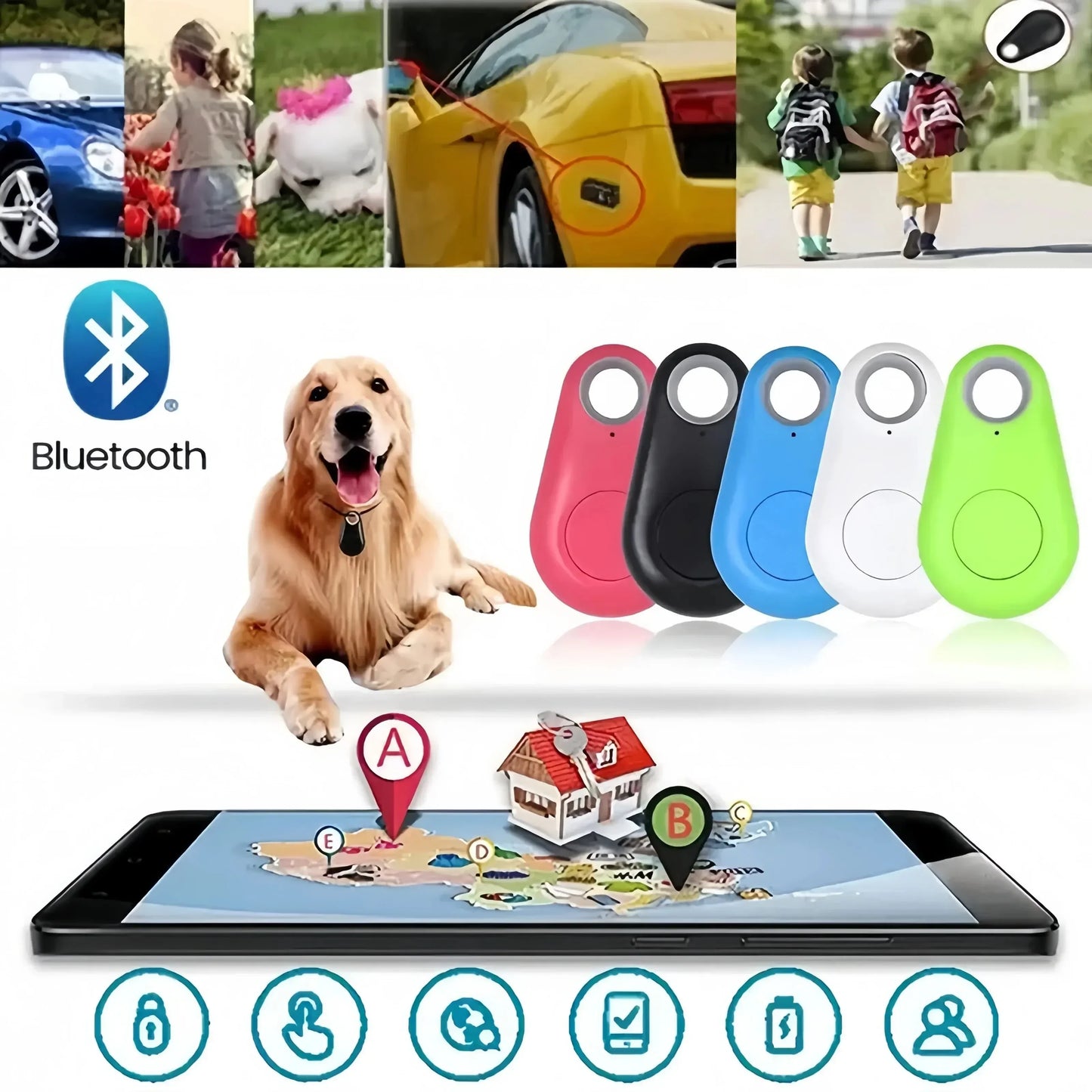 Bluetooth tracking devices with a dog, car, and children in the background.

