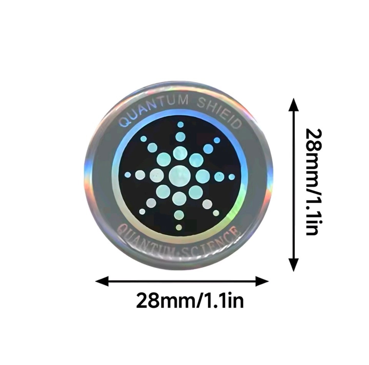 Round quantum shield device with dimensions on a white background

