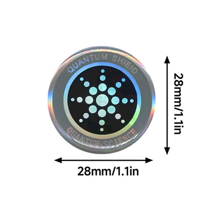 Round quantum shield device with dimensions on a white background

