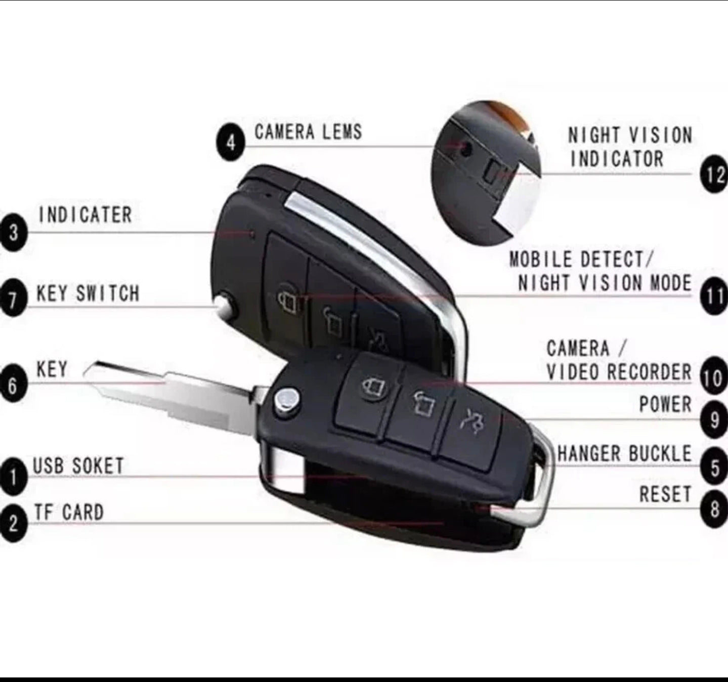 Car Key Camera Recorder Mini DVR 1080P Cam DVR Video Infrared Night