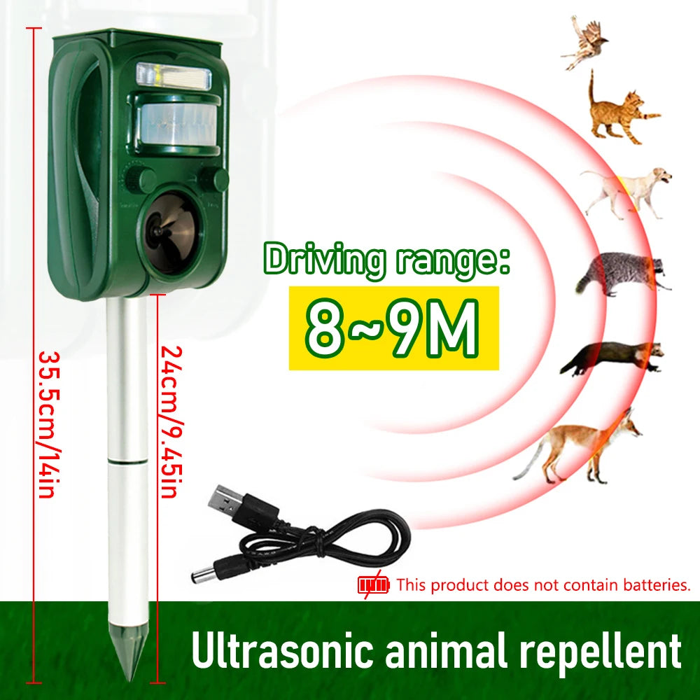 Ultrasonic animal repellent device with range indication and animal illustrations on a white background.

