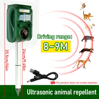 Ultrasonic animal repellent device with range indication and animal illustrations on a white background.

