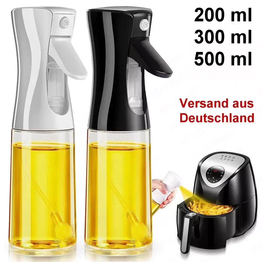 Two olive oil sprayers with different capacities and a hand holding an oil sprayer over food.

