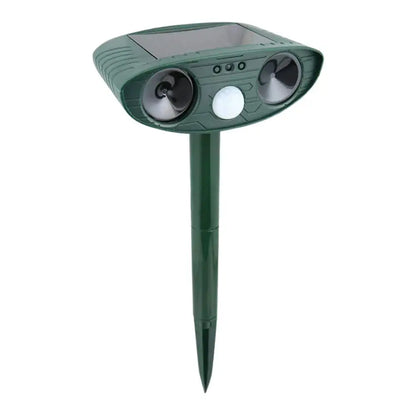 Green solar-powered pest control device with a spike on a white background

