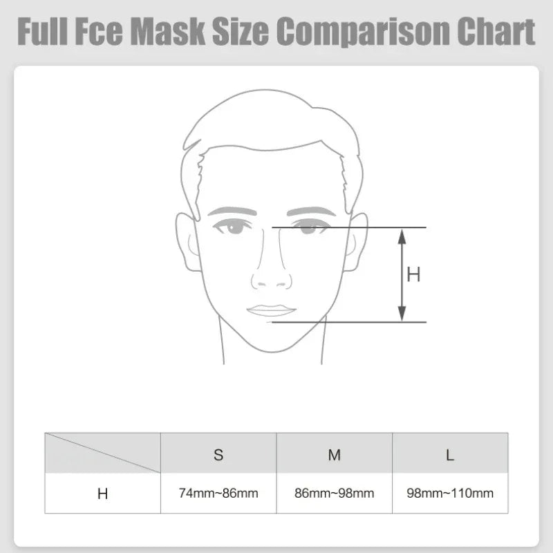 Full face mask size comparison chart with a diagram of a face and measurements.

