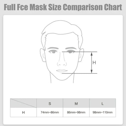 Full face mask size comparison chart with a diagram of a face and measurements.


