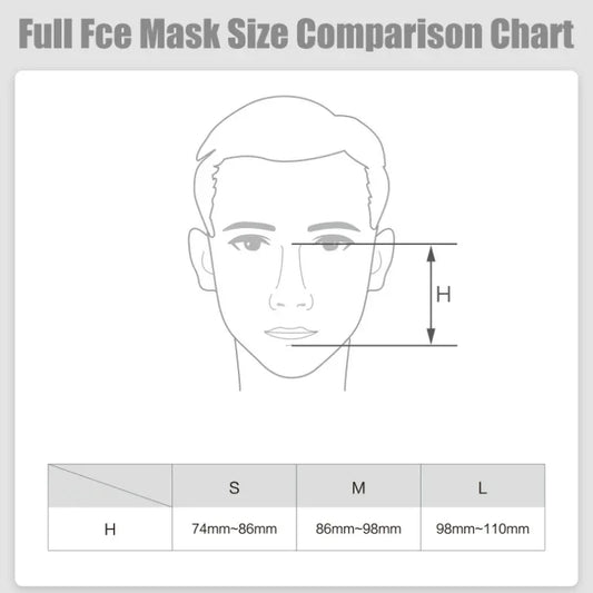 Full face mask size comparison chart with a diagram of a face and measurements.

