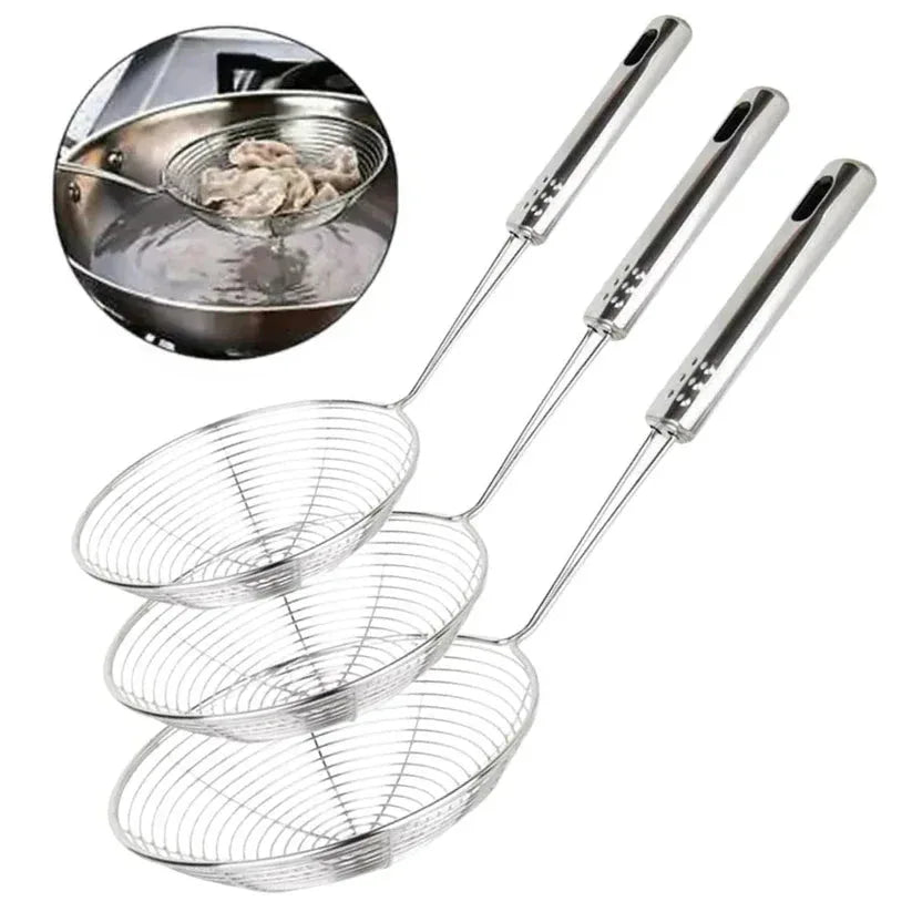 Set of three metal skillets with handles on a white background

