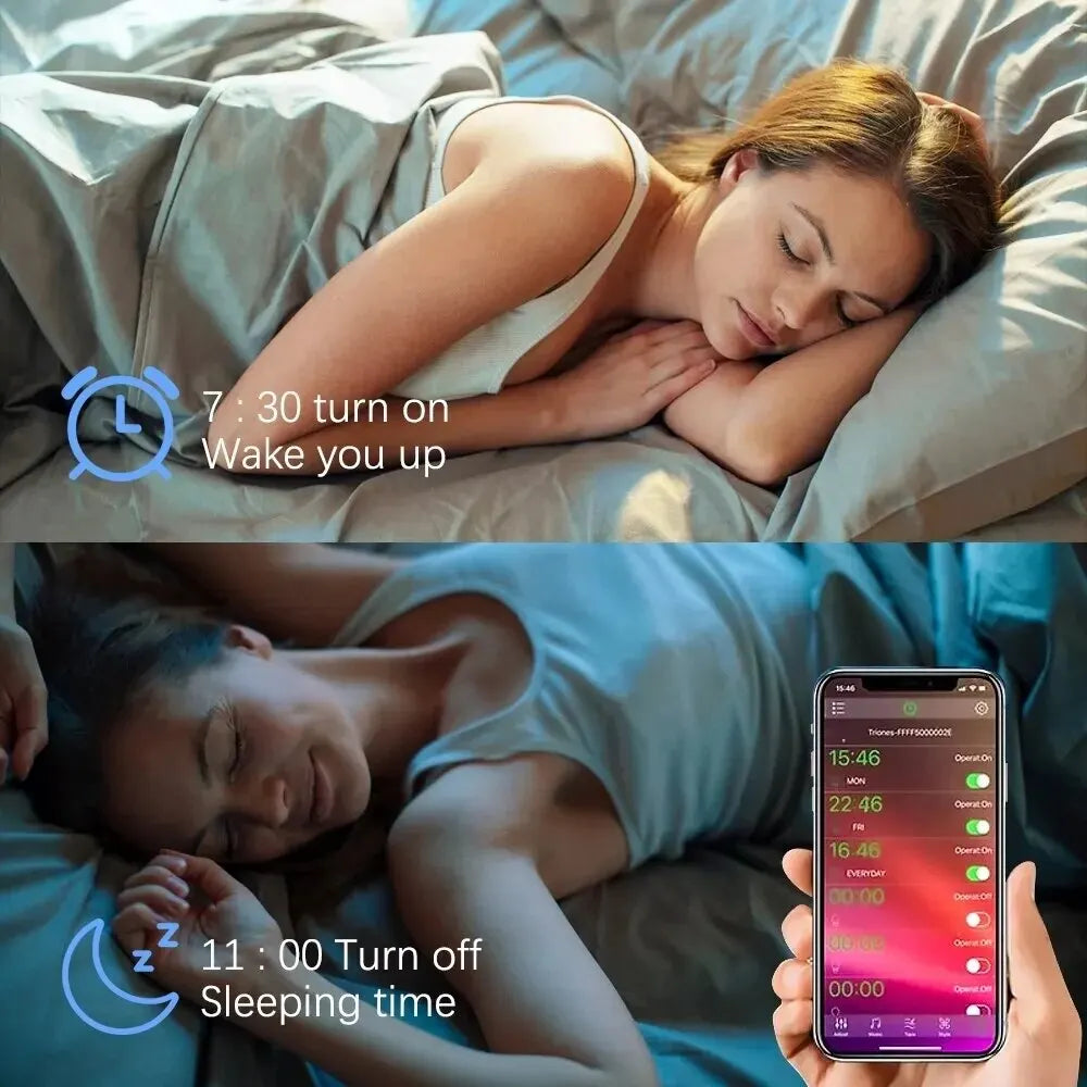 Woman sleeping with smartphone showing sleep tracking app

