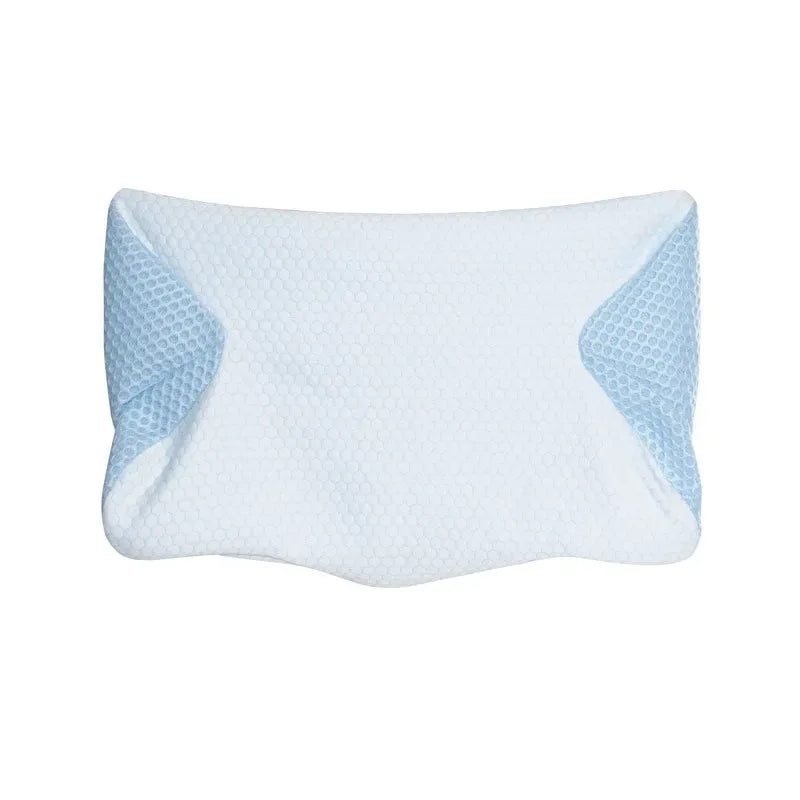 White pillow with blue textured corners on a white background


