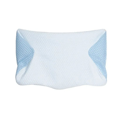 White pillow with blue textured corners on a white background


