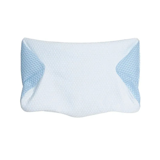 White pillow with blue textured corners on a white background

