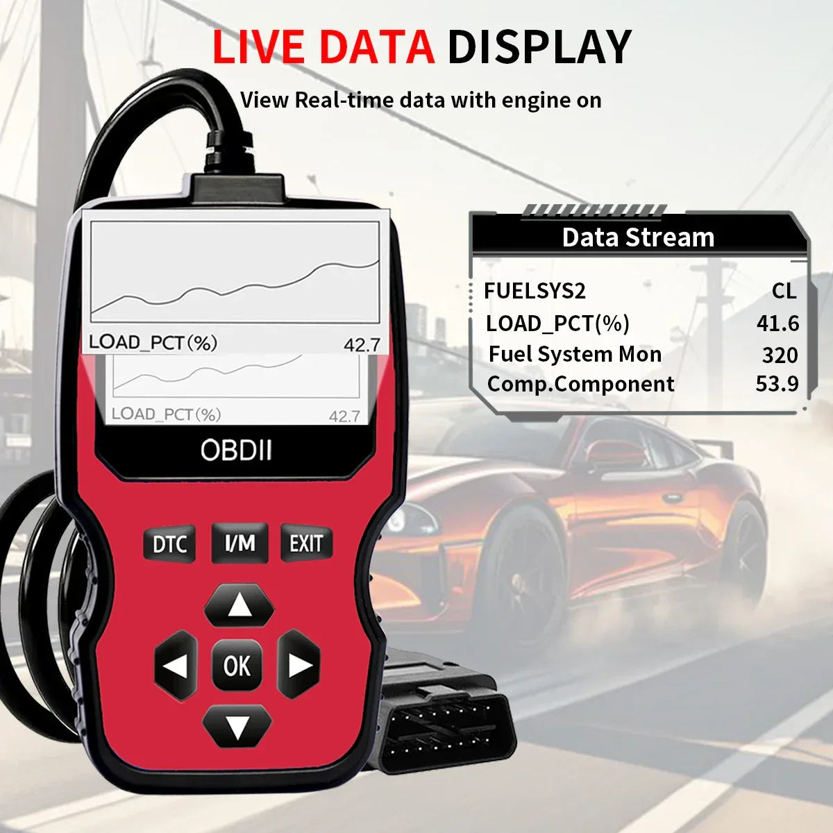 Red diagnostic tool with 'OBDII' branding on a blurred car and road background

