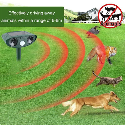 Deterrent device for animals with a green background and illustrations of animals being repelled.

