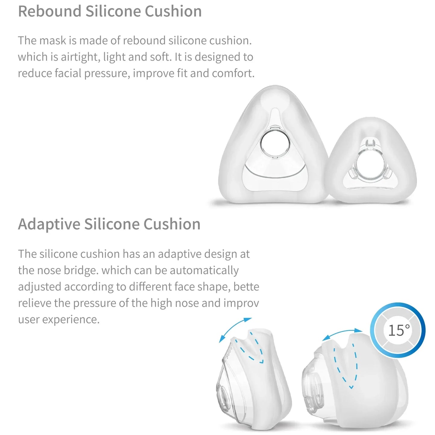 Silicone cushion mask with text explaining rebound and adaptive design on a white background

