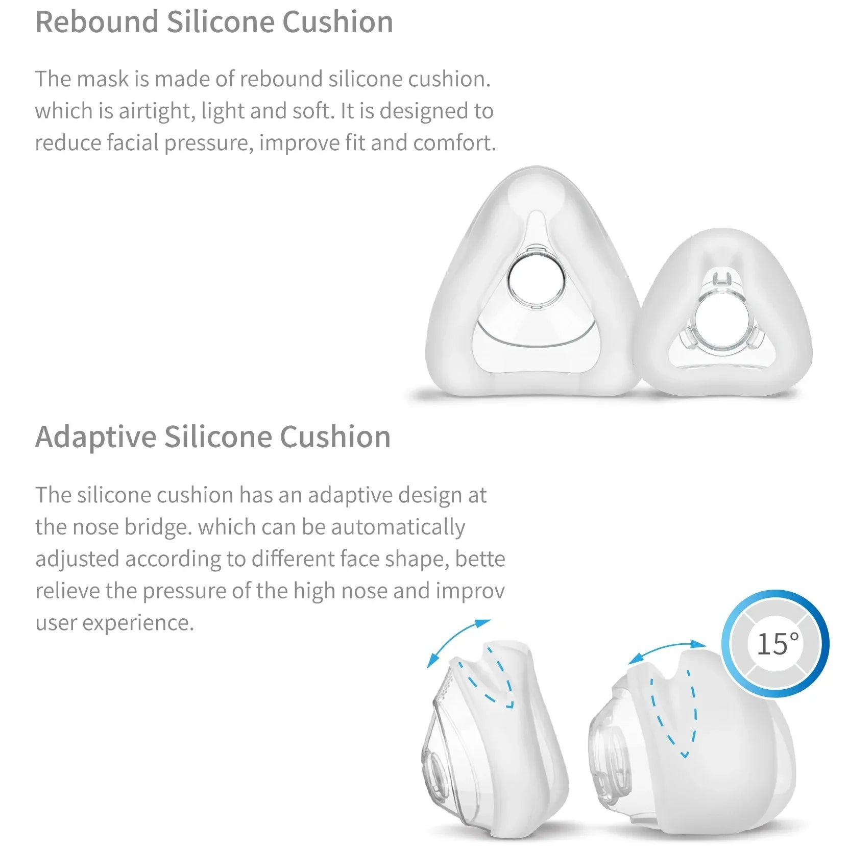 Silicone cushion mask with text explaining rebound and adaptive design on a white background

