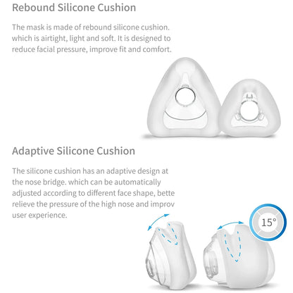Silicone cushion mask with text explaining rebound and adaptive design on a white background

