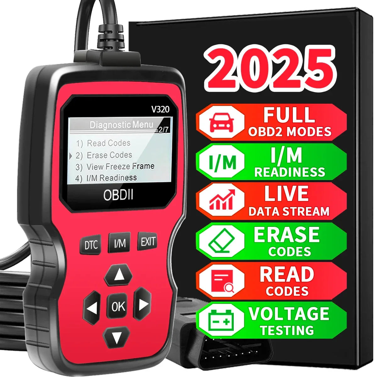 Car diagnostic tool with features highlighted on a black background

