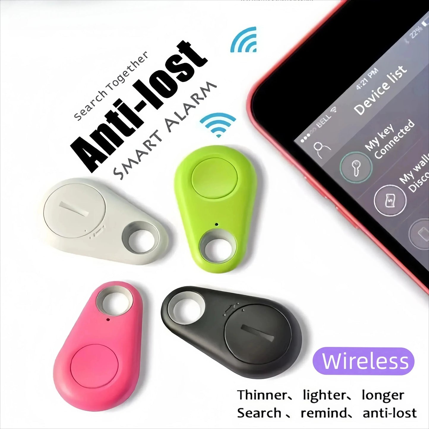 Anti-lost smart alarm devices with a smartphone app on a white background

