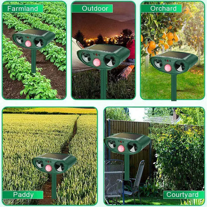 Collage of a solar pest repellent in various outdoor settings including farmland, orchard, and courtyard.

