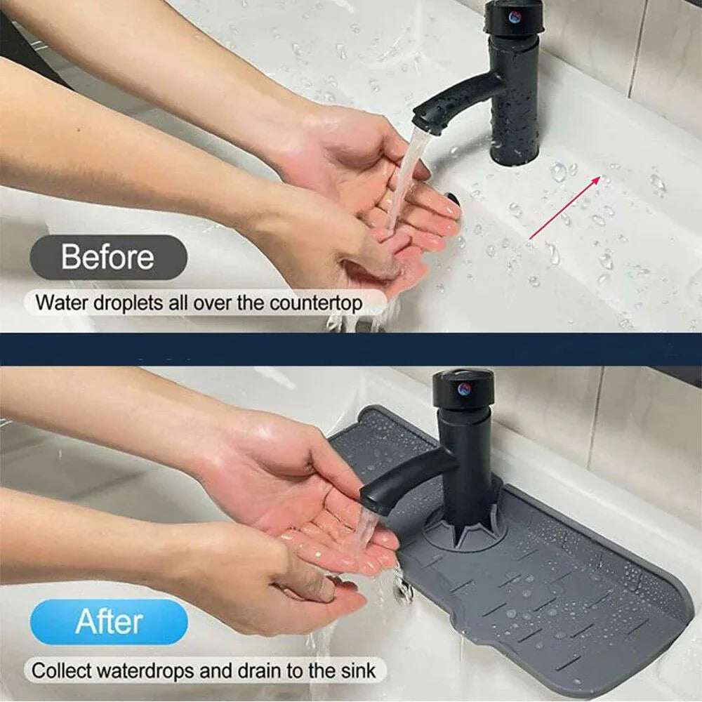 Before and after comparison of a person washing hands with water droplets on the countertop and a mat collecting water.

