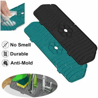 Teal and black kitchen mat with cleaning tools and features listed.

