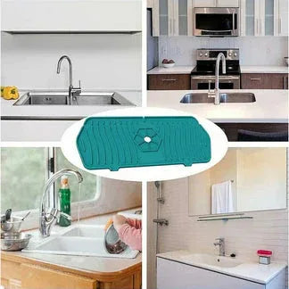 Collage of a teal kitchen mat in various settings including a sink, stove, and bathtub.

