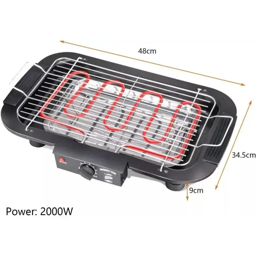 Electric grill with dimensions and power rating on a white background

