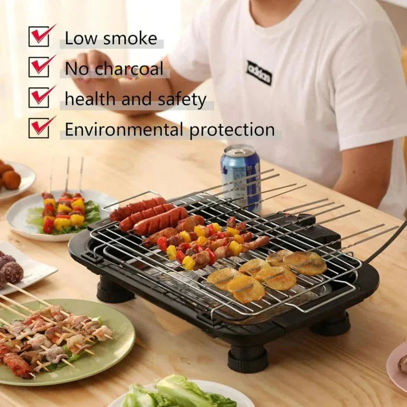 Person grilling food on a portable electric grill with health and safety benefits listed.

