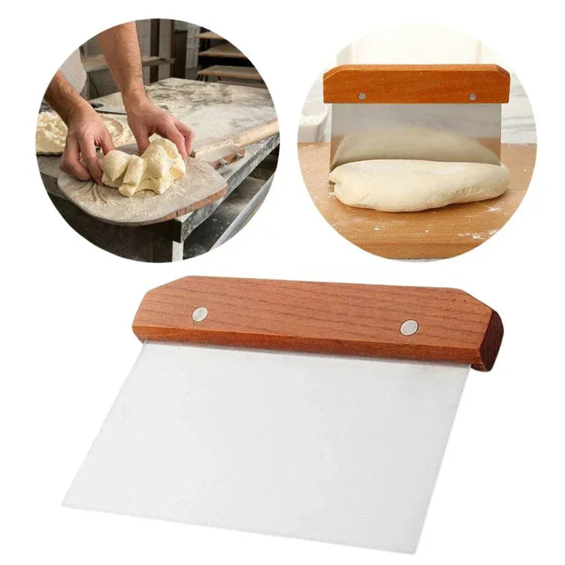 Bread scraper with wooden handle and silicone blade on a white background

