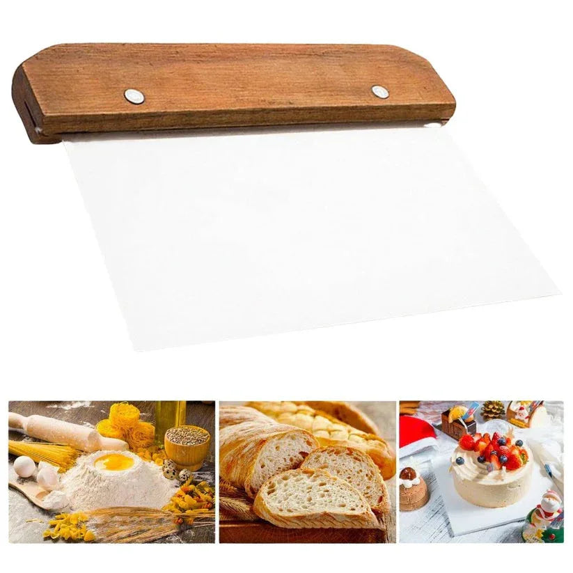 Wooden cutting board with a white surface, surrounded by images of food items.

