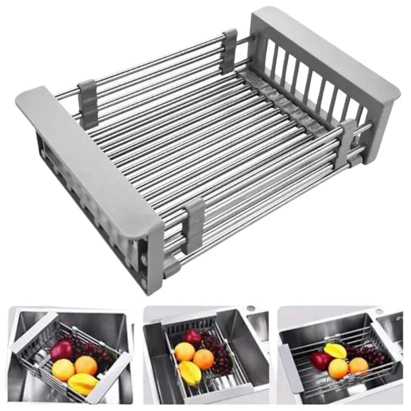 Stainless steel kitchen rack with fruits and vegetables on a white background

