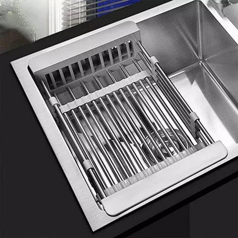 Stainless steel knife rack inside a kitchen sink

