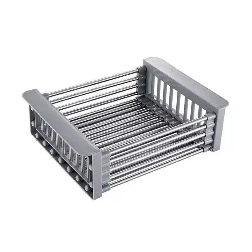 Stainless steel dish rack on a white background


