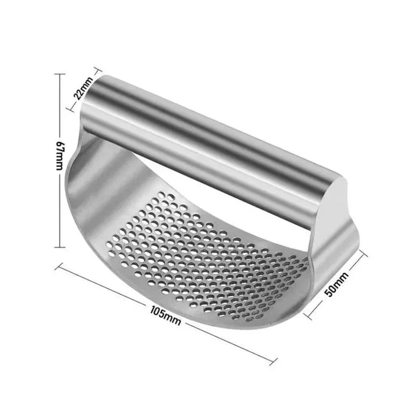 Stainless steel garlic press with dimensions on a white background

