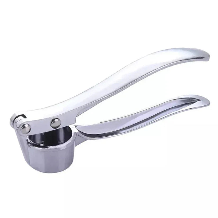 Metallic garlic press on a white background

