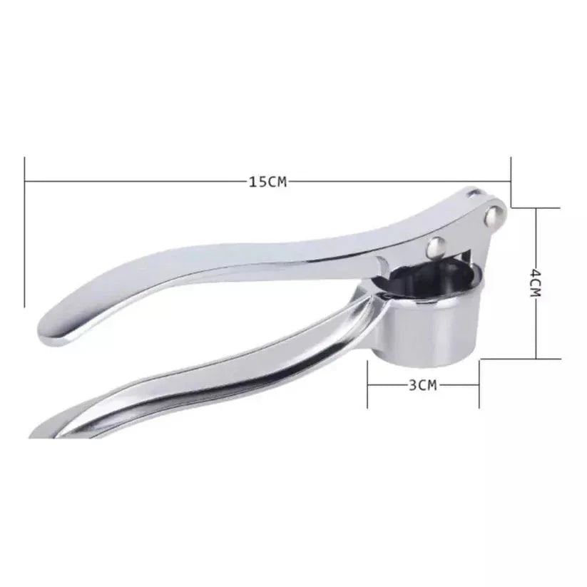 Stainless steel garlic press with dimensions on a white background

