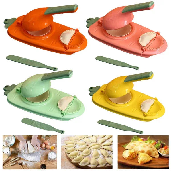Set of four colorful dumpling makers with images of dumplings and ingredients.

