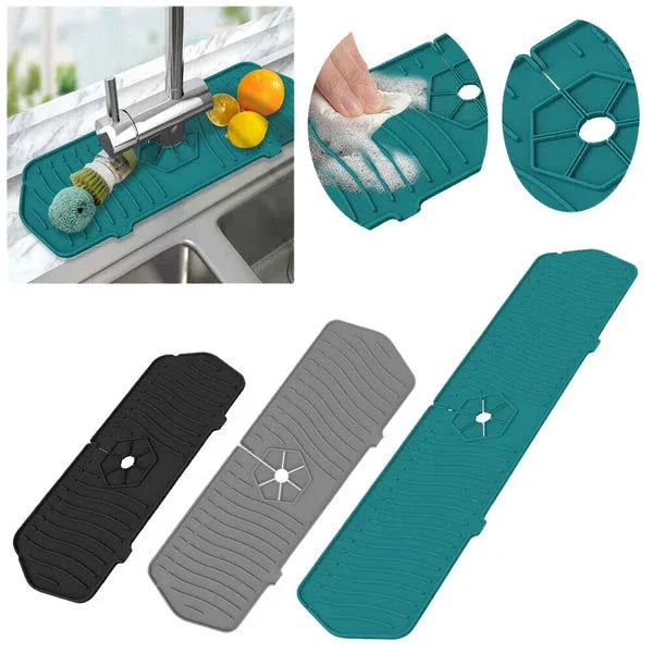 Set of kitchen mat and cleaning tools with teal, black, and gray mats.


