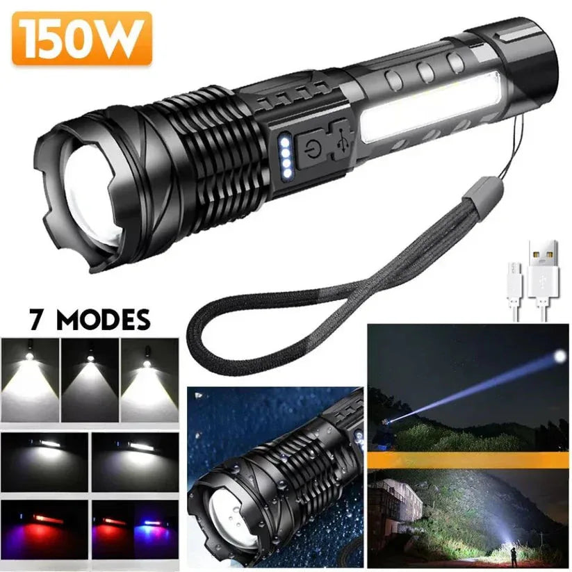 150W flashlight with multiple light modes and USB cable on a white background

