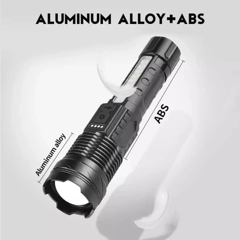 Black flashlight with 'Aluminum Alloy + ABS' text on a white background

