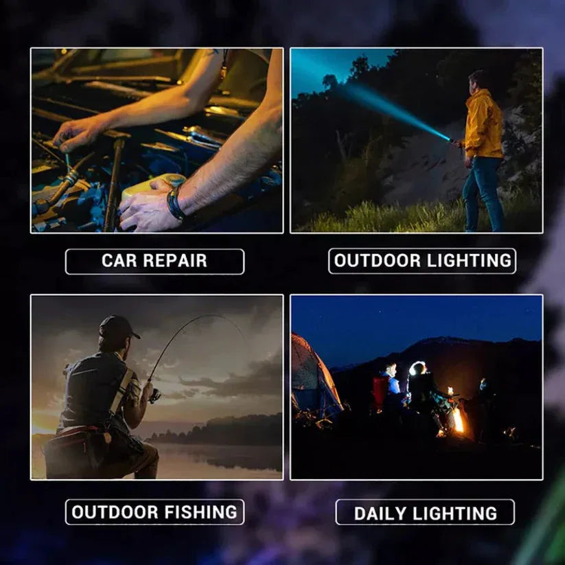 Four scenes showing the use of a flashlight for car repair, outdoor lighting, fishing, and daily activities.

