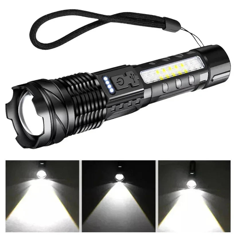 Black flashlight with multiple light modes on a white background

